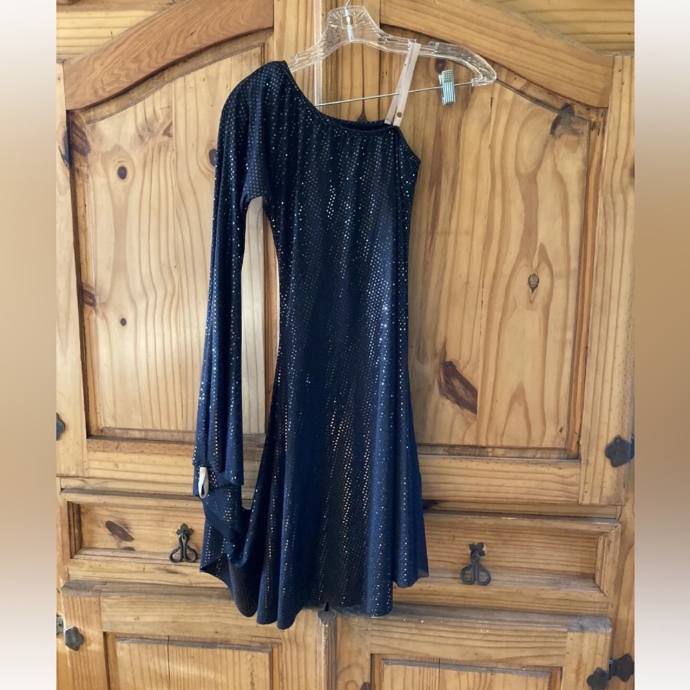 Girls Dansco Fina black sequins dance costume single shoulder dress - size XLC
